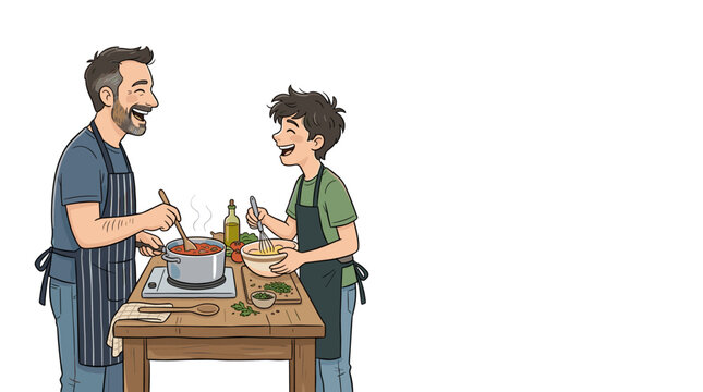 Father and son happily cooking together in the kitchen, sharing a joyful moment while preparing a meal