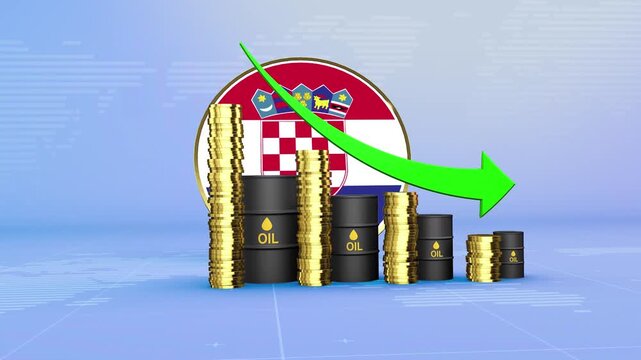 Croatia Oil Prices Decline with Oil Barrels, Gold Coins and Downward Green Arrow, 3D Economic and Financial Market Concept
