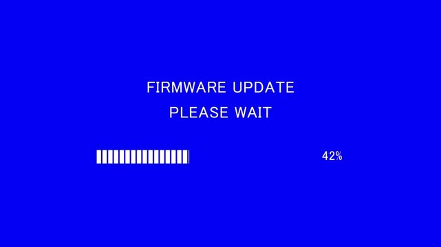 Retro TV screen showing firmware update please wait message with loading bar on blue background, seamless loop