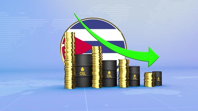 Cuba Oil Prices Decline with Oil Barrels, Gold Coins and Downward Green Arrow, 3D Economic and Financial Market Concept