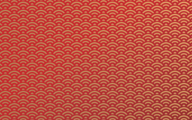 Luxury japanese seigaiha pattern with fish scale or scallop motifs on a red background accented with gold stripes for Lunar New Year, festival design, packaging and decoration. © mei