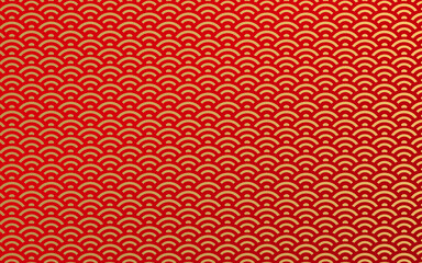 Luxury japanese seigaiha pattern with fish scale or scallop motifs on a red background accented with gold stripes for Lunar New Year, festival design, packaging and decoration. © mei