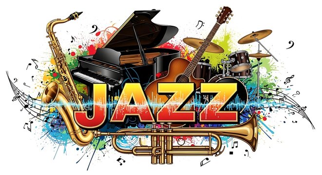 Jazz set with musical instruments and vibrant notes on white background