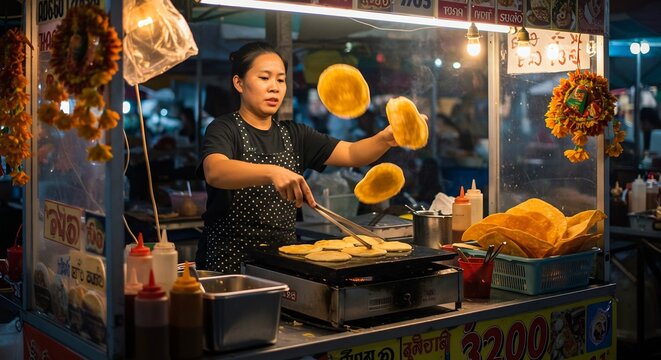 夜の活気に満ちたアジアのストリートフード市場で温かい電球の光が優しく照らす中 熟練した女性が巧みな手つきで生地を軽やかに空中に舞わせ熱々の香ばしいお菓子を作り観客を魅了する. AI Generated
