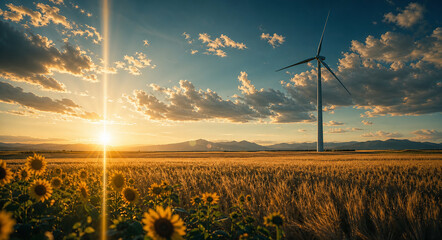 Obraz premium Wind Turbine Standing Tall in Golden Wheat Fields at Sunset — Renewable Energy, Wildflowers, Dramatic Sky and Mountain Horizon,夕日に輝く黄金の麦畑にそびえ立つ風力タービン — 再生可能エネルギー、野生の花、劇的な空と山の地平線