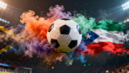 Fototapeta premium Soccer Ball with Flags with Color Smoke Stadium Background