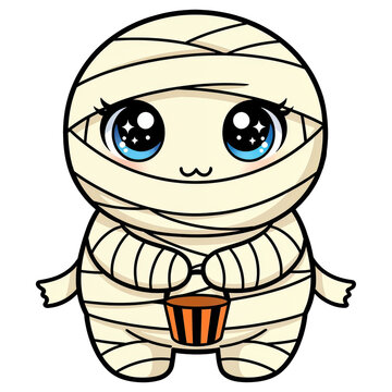 Kawaii Mummy Candy Pail: A charming, cartoon-style mummy character, wrapped in bandages with big, sparkling eyes, holds a festive candy bucket, perfect for Halloween themes.