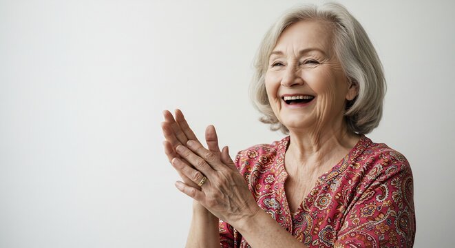 明るく柔らかな光が優しく降り注ぐシンプルな白い背景の前で年齢を重ねた魅力が光る白髪のシニア女性が心からの幸福感を満面の笑みで表現し活き活きと手を叩く感動的な瞬間. AI Generated