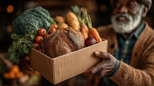 "Volunteer delivering food donation box to family in need with community support and humanitarian aid"
