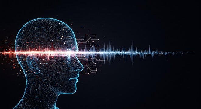 輝く青いデジタル脳が未来の思考を視覚化人工知能の高度なデータ処理をダイナミックな光の波で鮮やかに表現する抽象概念図. AI Generated