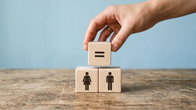 Hand placing equal sign block over male and female icons for gender equality concept