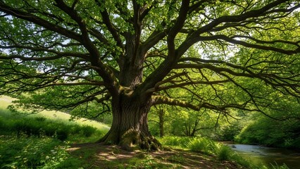 Fototapeta premium 何世紀もの時を超えた古木がやわらかな木漏れ日に包まれ神聖な輝きを放つ 静寂な森の奥深く生命の息吹を感じる絶景. AI Generated