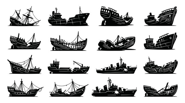 Black and White Vector Illustration of Various Shipwrecks and Damaged Boats