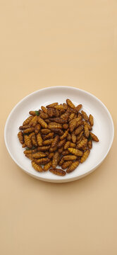 High angle view of fried silkworm pupae served on a white ceramic plate.
