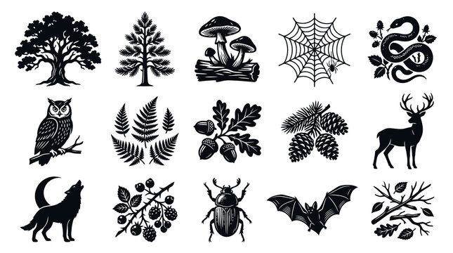 Black  White Nature and Wildlife Icons Set - Forest Elements Illustrations in Monochrome Style