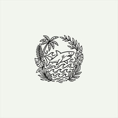 Obraz premium Jumping shark with palm trees and circular frame.