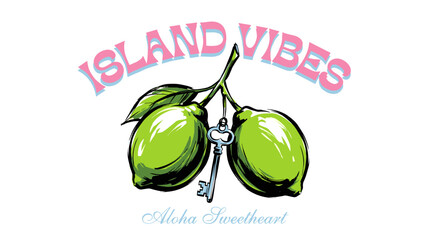 Island vibes citrus graphic. Aloha sweetheart lime design. Tropical vintage t shirt print. © panji