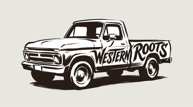 Western vintage truck artwork. Retro pickup design. Western roots t shirt vector.