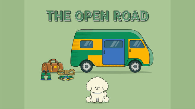 Open road adventure. Vintage travel van design. Camping dog vector artwork.. Retro camping van pri