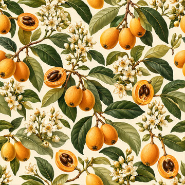 Bisbul Fruit Flower and Leaf Seamless Botanical Pattern