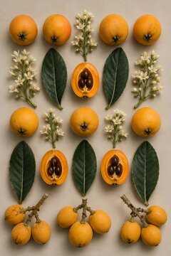 Aesthetic Bisbul Fruit Flower and Leaf Flat Lay Botanical Background