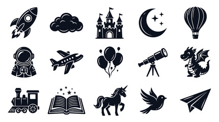 Obraz premium Black White Icons: Rocket, Cloud, Castle, Moon, Hot Air Balloon, Astronaut, Plane, Balloons, Telescope, Dragon, Train, Book, Unicorn, Bird, Paper Plane