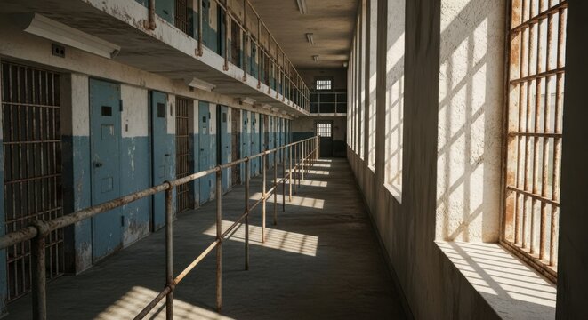 Empty prison corridor with metal bars and cell doors in a dimly lit hallway