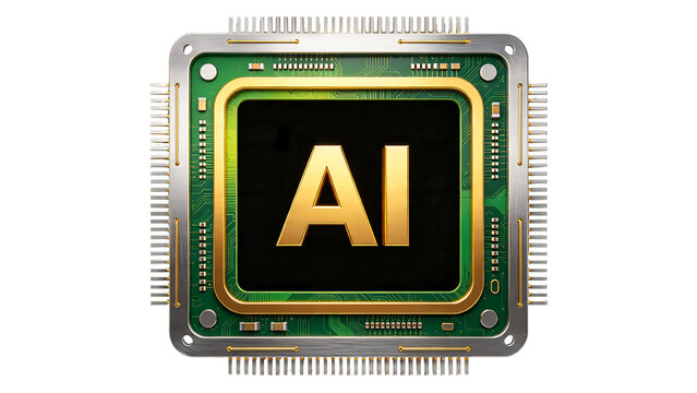 Futuristic artificial intelligence microchip component with golden AI text isolated on transparent background for advanced technology hardware development graphic design editing.