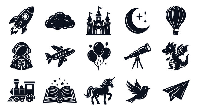 Black  White Icons: Rocket, Cloud, Castle, Moon, Hot Air Balloon, Astronaut, Plane, Balloons, Telescope, Dragon, Train, Book, Unicorn, Bird, Paper Plane