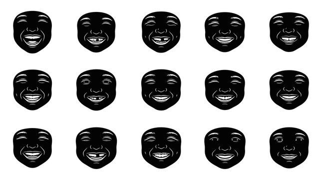 Black and White Vector Faces Icon Set, Expressive Emotions, Microstock Asset