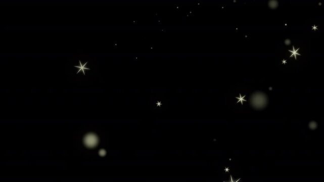 Golden bokeh particles combine with glowing hexagonal patterns and sparkling white stars.