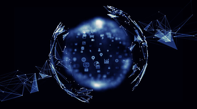 Background imagery featuring digital technology concepts: AI, DX, cloud, data, networks, and systems.