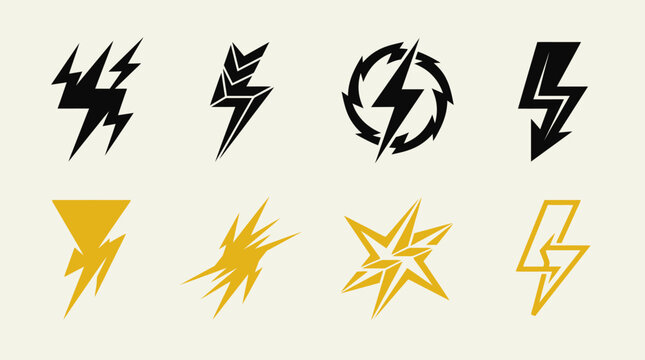 A collection of eight abstract graphic symbols featuring lightning bolts and stars in black and yellow.