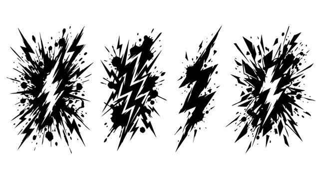 Four black ink splatters on a white background with dynamic streaks