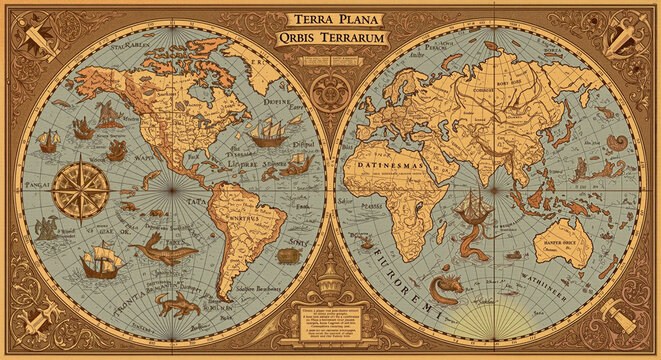 Vintage World Map with Ornate Details Antique Cartography Artwork Two Hemisphere Globes