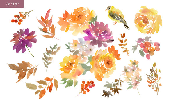 Watercolor Autumn floral vector clipart set with abstract hand painted dahlia, wild roses, berries, bird and Autumn leaves for stationary and surface design