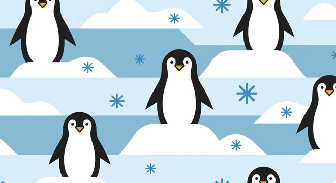 A charming seamless pattern featuring adorable cartoon penguins standing on snowy ice floes amidst blue snowflakes.