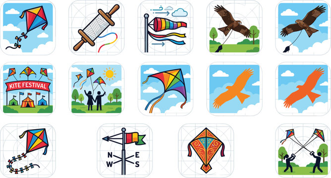Kite flying festival vector icons set with colorful kites windsock string spool weather vane and bird elements