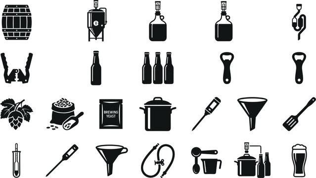 Home beer brewing icons set vector with barrel equipment bottle capper hops malt kettle thermometer glass tools
