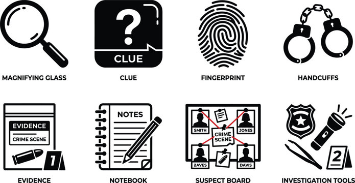 Detective and crime scene investigation icons set vector with magnifying glass fingerprint handcuffs suspect board evidence tools