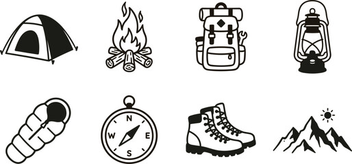 Camping and outdoor adventure icons set vector with tent campfire backpack lantern sleeping bag compass hiking boots © Rakib