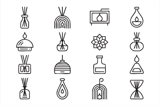 Minimal Home Fragrance Vector Icon Collection Featuring Reed Diffusers and Candles