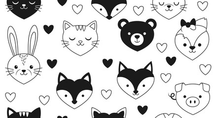 Cute Animal Faces Seamless Pattern with Hearts © Wita