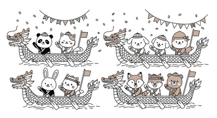 Cute Animals Rowing Dragon Boats for Chinese Dragon Boat Festival © Wita