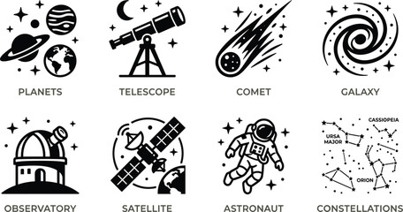 Astronomy and space exploration icons set vector with telescope planets comet galaxy observatory satellite astronaut constellations © Rakib
