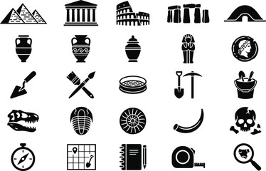 Archaeology and history icons set vector with pyramid colosseum trowel skull fossils landmarks and excavation field tools © Rakib