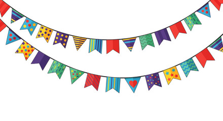 Obraz premium Vibrant Festive Bunting Garlands Featuring Colorful Triangular Flags With Diverse Geometric Patterns For Celebratory Party Decorations Background