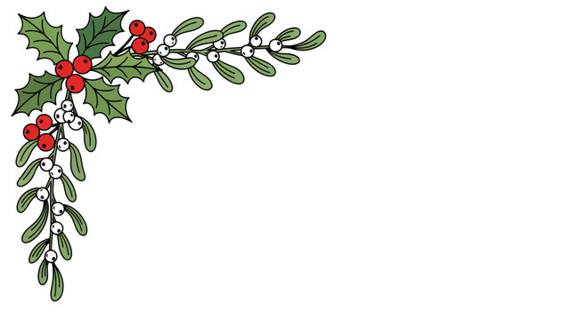 Elegant festive corner frame featuring hand drawn botanical holly leaves and seasonal mistletoe berries for winter holiday stationery design