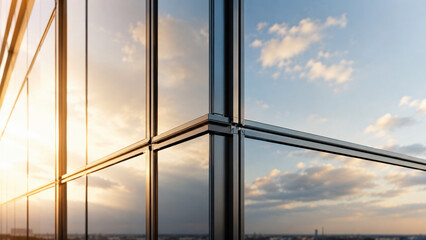 Fototapeta premium Glass office building facade at sunset