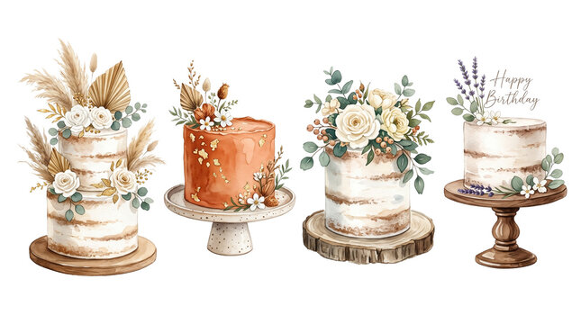 Watercolor boho wedding cakes set with rustic naked design terracotta frosting white roses and pampas grass